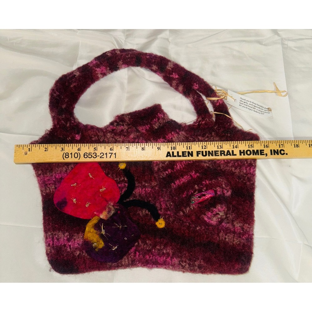 Handmade Wool Felted Boho Mushroom Bag Unique Artisan Tote Burgundy Pink - Picture 3 of 6